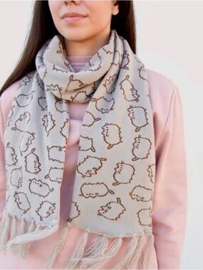 Pusheen the Cat Gray Knit Pattern Acrylic Fringe Long Winter Scarf
